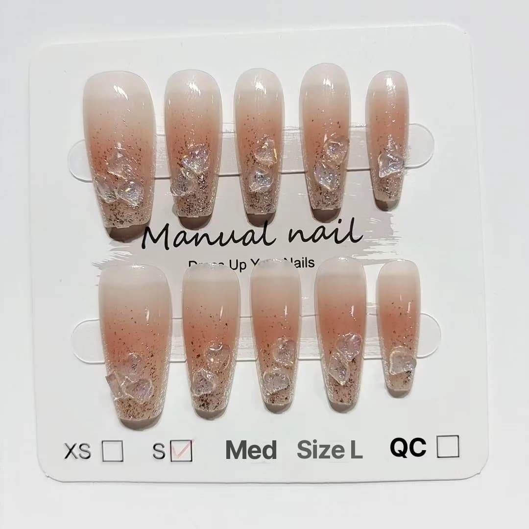 Press-On Nails with Heart Rhinestones Short and Medium Coffin Shape