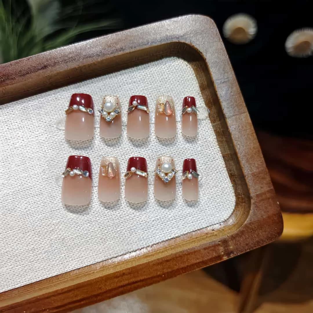 Red Pearl Press On Nails Short Coffin French Tip Glitter