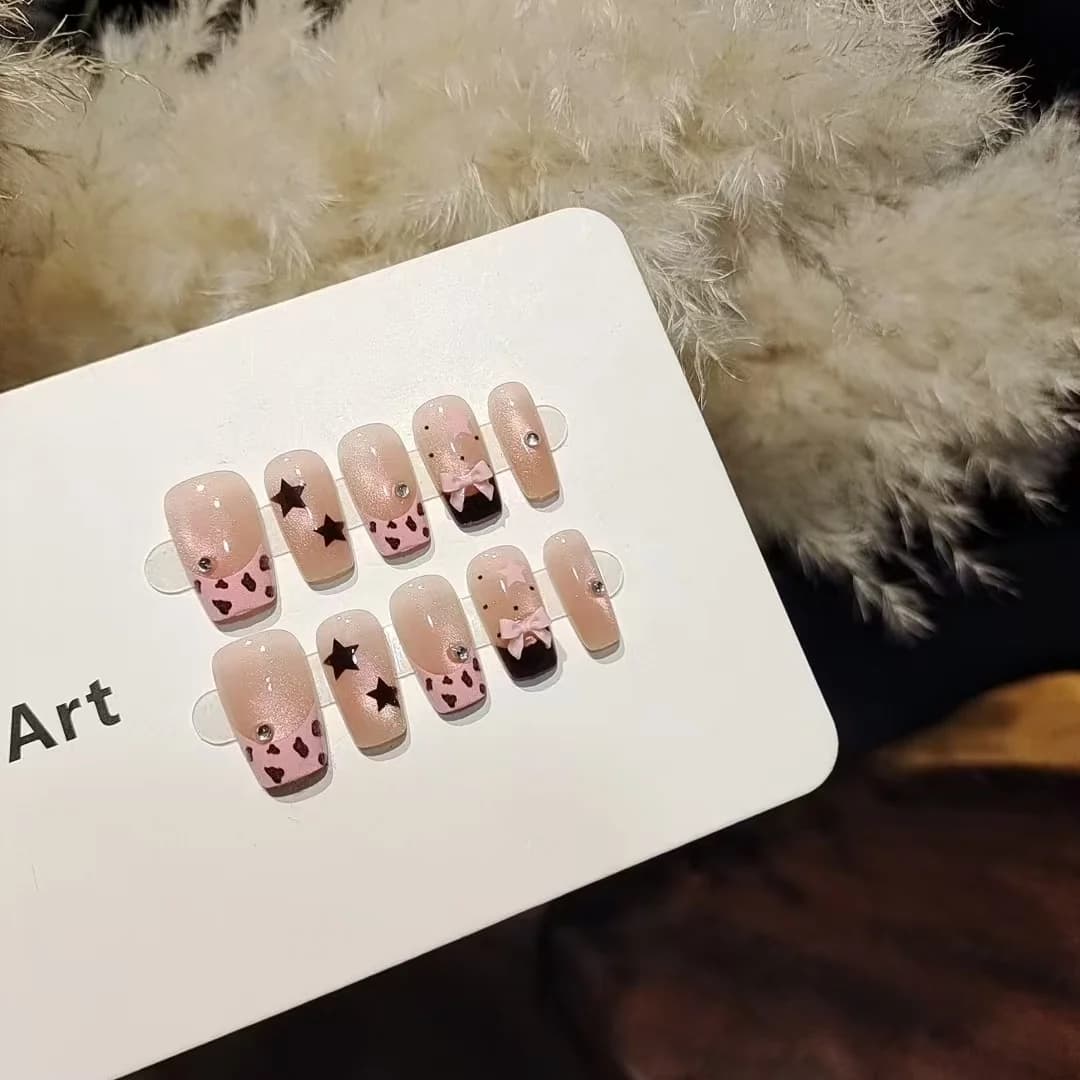 Sweet Wild Galaxy Cat Eye Press-On Nails Short Coffin Pink Leopard