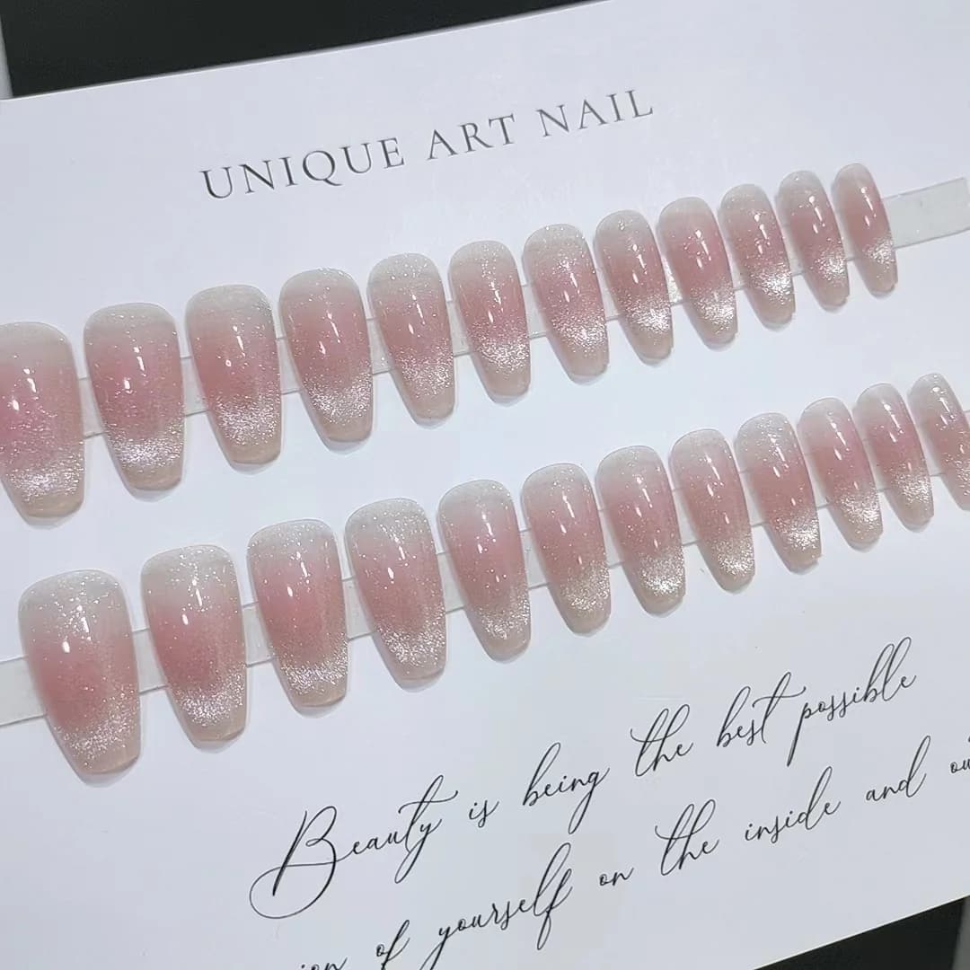 Cat Eye Blush Press-On Nails Long Coffin Shape Shimmer Finish