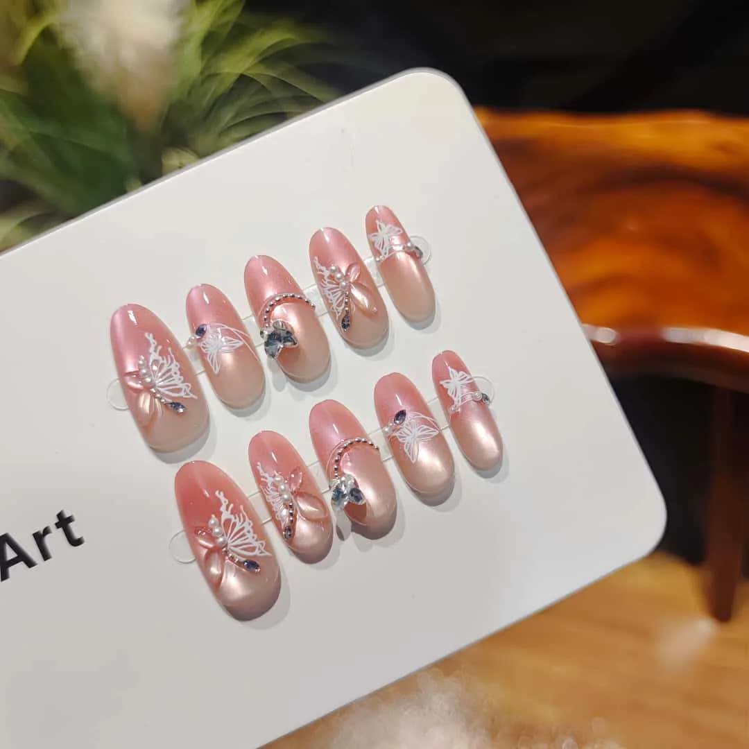 Sweet Berry Cat Eye Press On Nails with Bow and Rhinestones