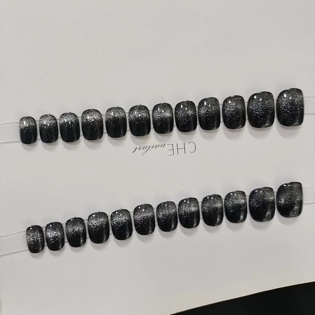 Short Black Crystal Cat Eye Press On Nails Glitter Finish