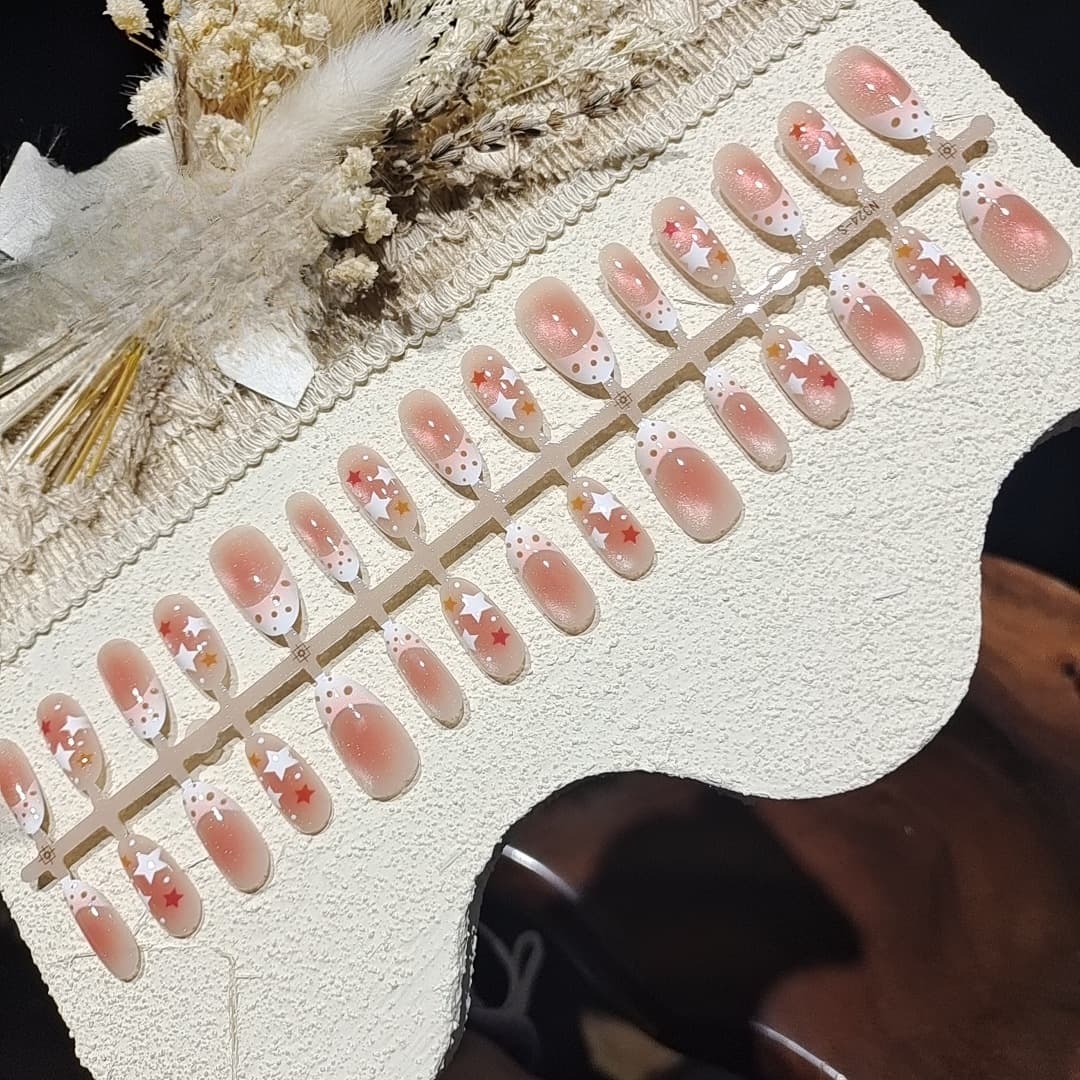 Cat Eye Glass Bead Press On Nails Medium Oval Summer Fresh Style