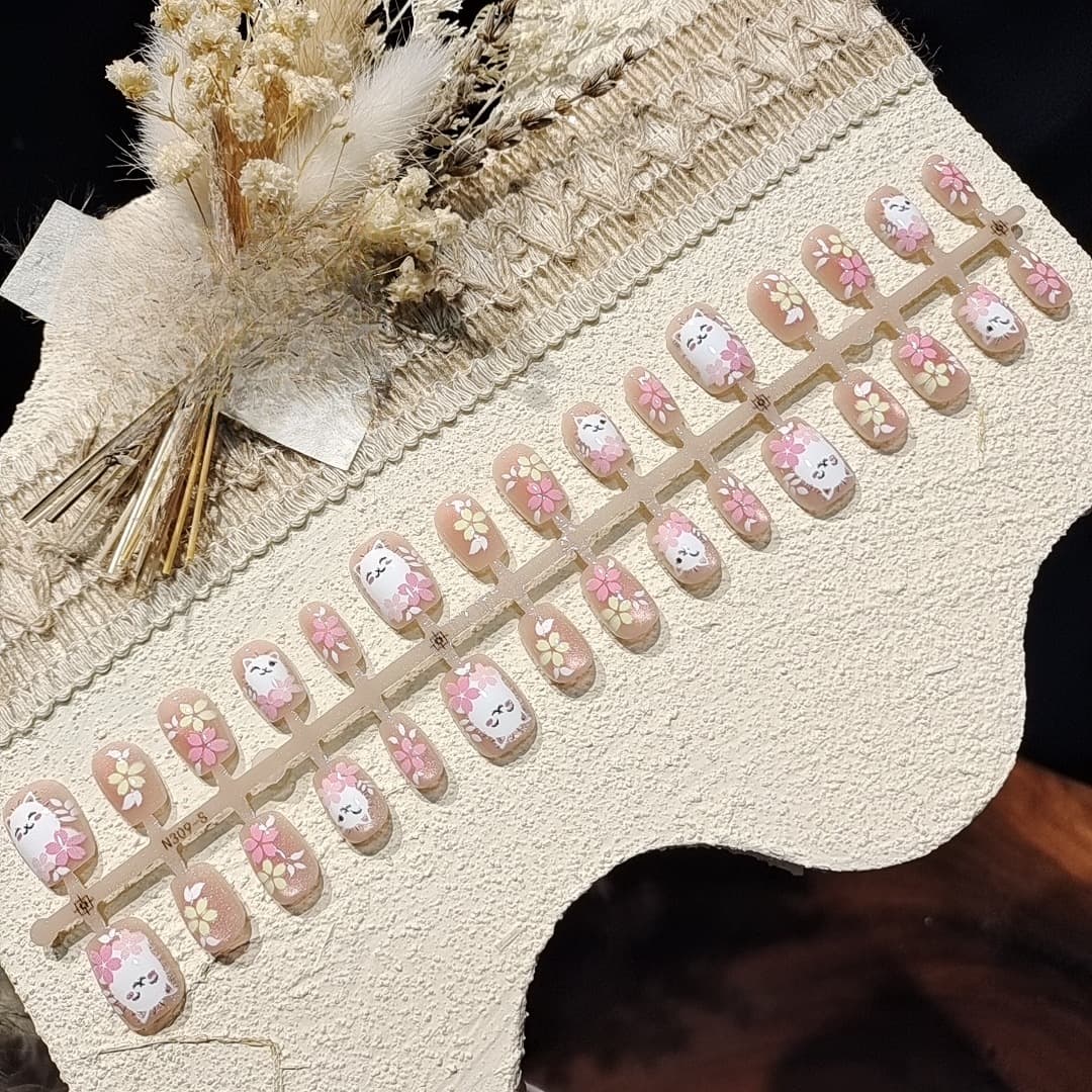 Pink Cat Eye Press On Nails Short Ballerina Shape Floral Design