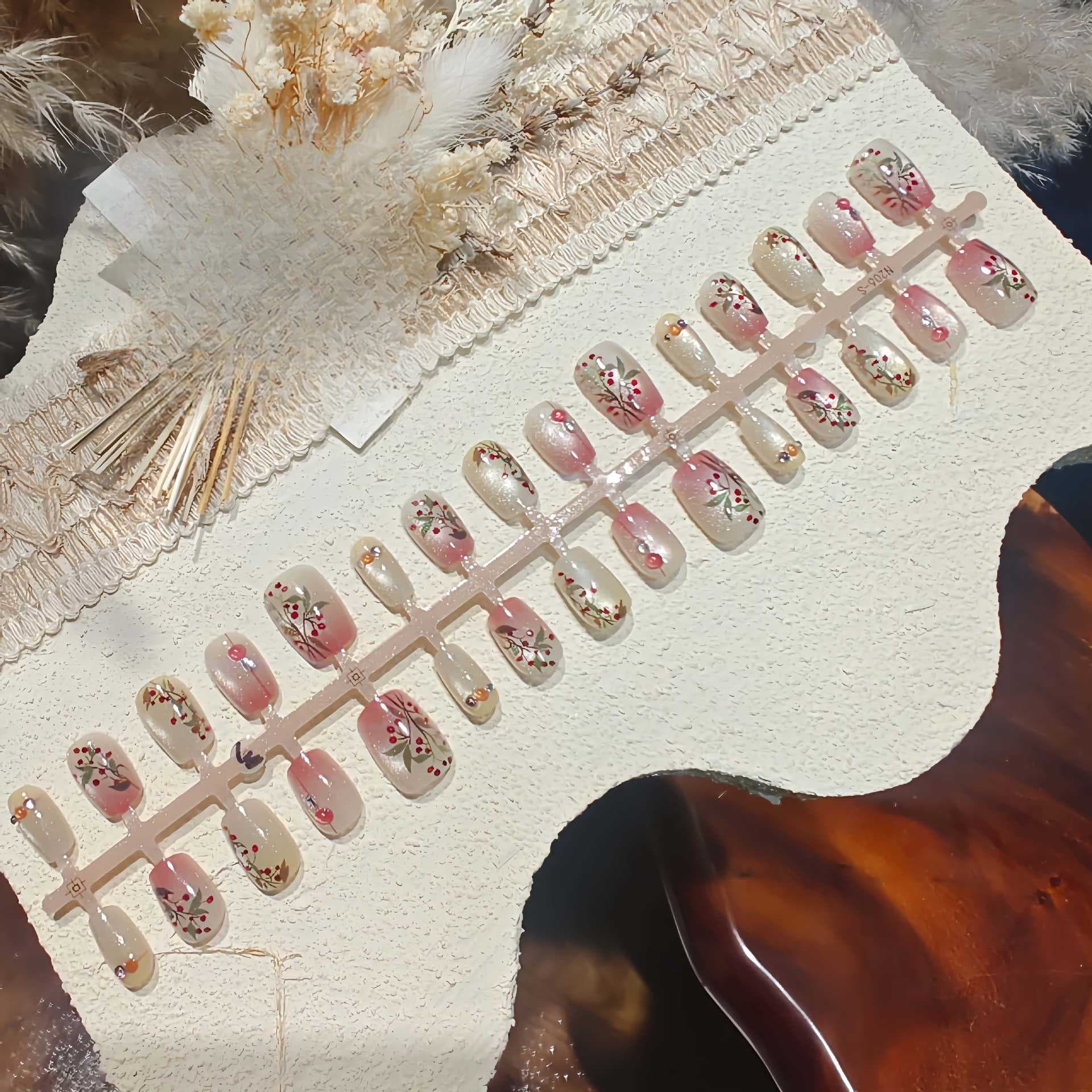 Red Bean Cat Eye Press On Nails with Rhinestones and Floral Design