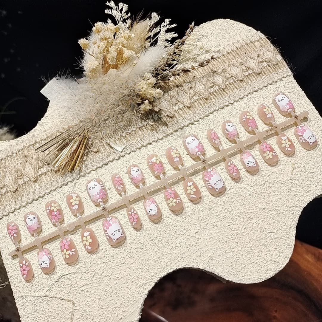 Pink Cat Eye Press On Nails Short Ballerina Shape Floral Design