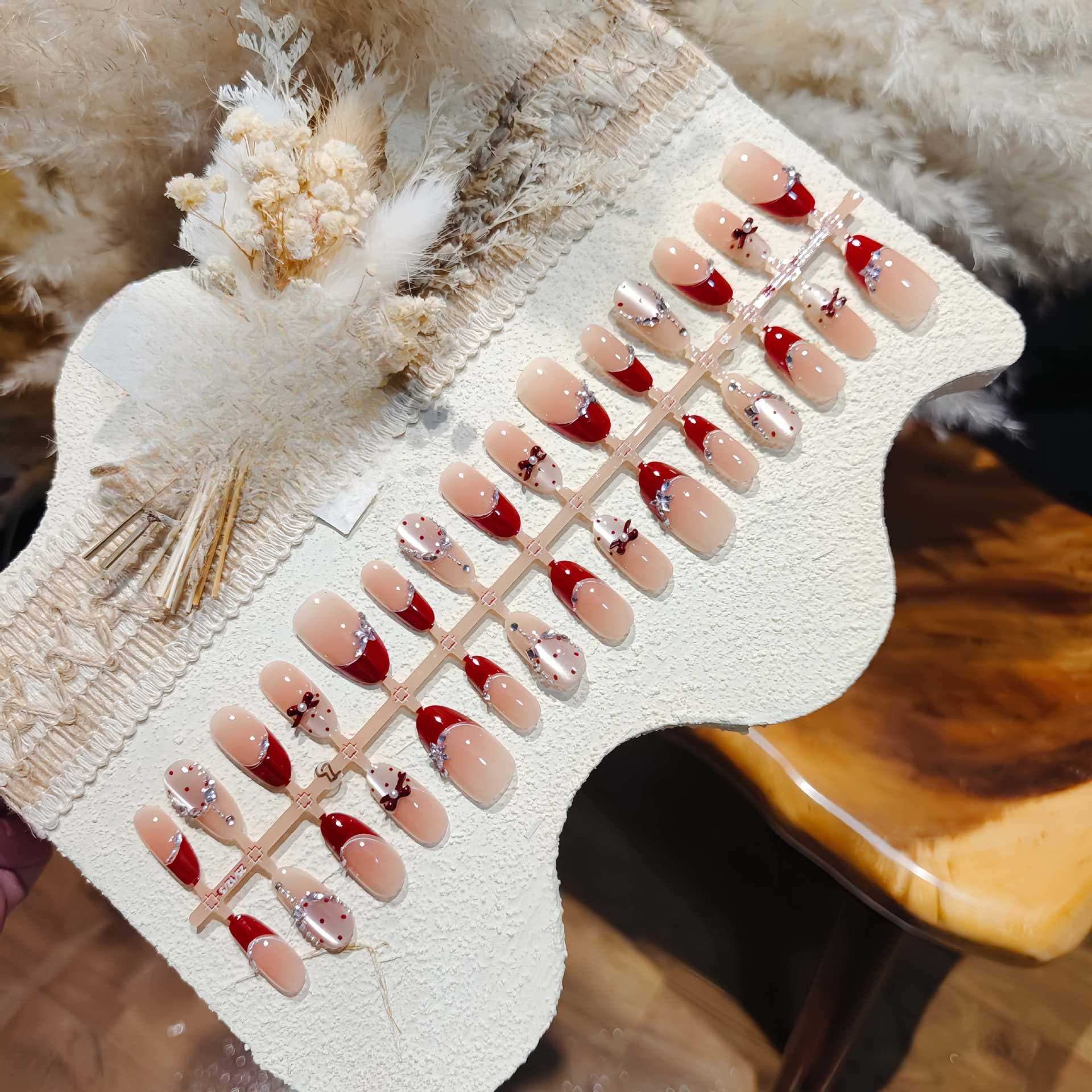 Red French Tip Cat Eye Press On Nails with Bow Design