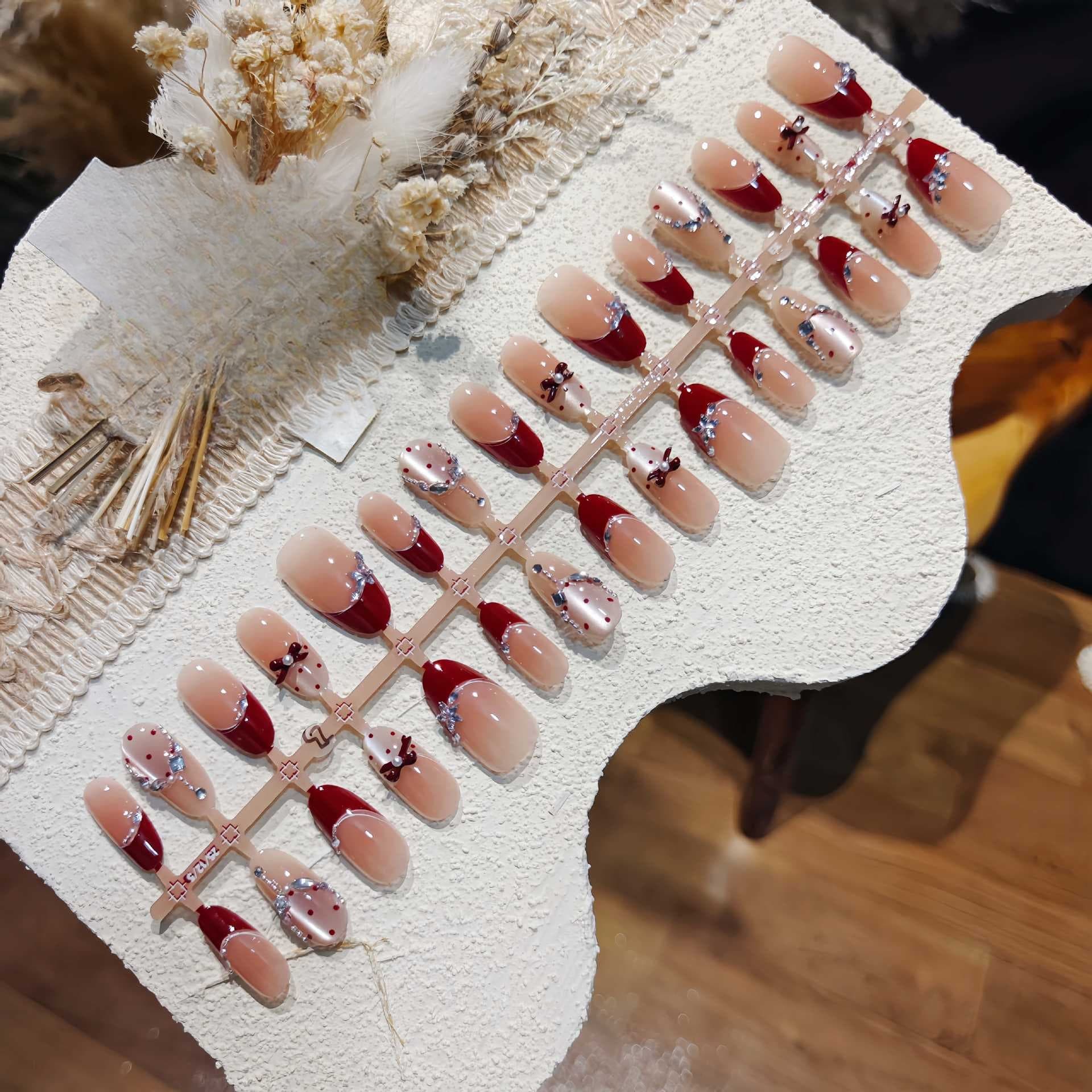 Red French Tip Cat Eye Press On Nails with Bow Design