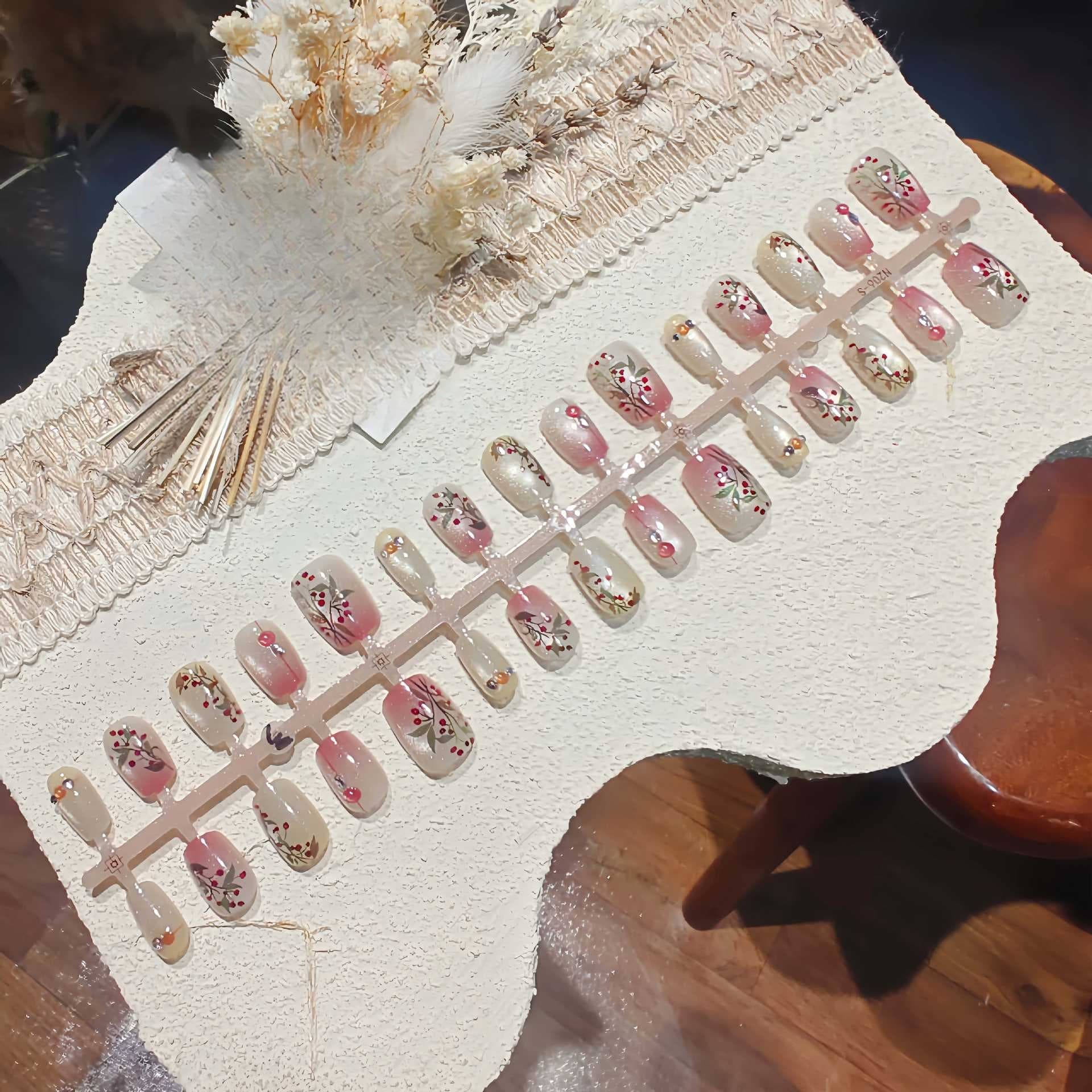 Red Bean Cat Eye Press On Nails with Rhinestones and Floral Design