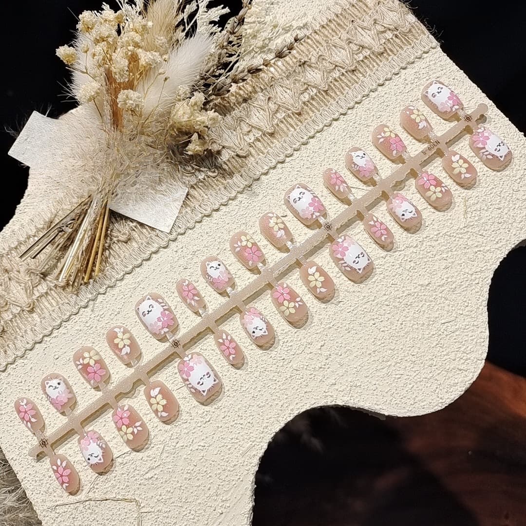 Pink Cat Eye Press On Nails Short Ballerina Shape Floral Design